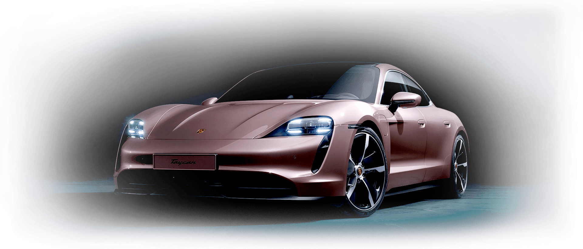 Front angled view of a Porsche Taycan electric vehicle